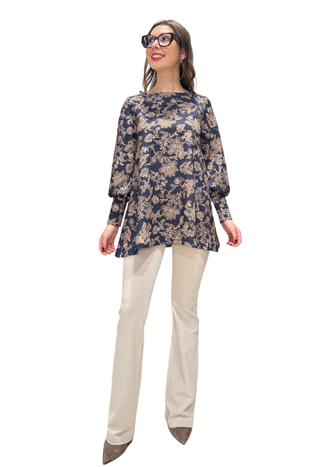 Maglia lunga fantasia fiori blu beige Greta