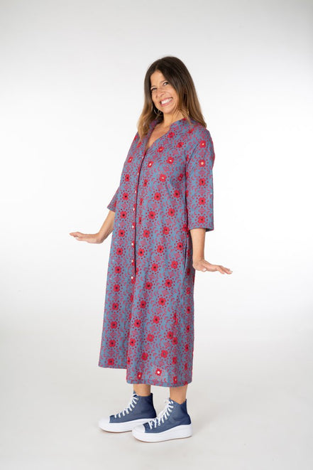 Ischia Dress in Light Blue and Red Broderie Anglaise