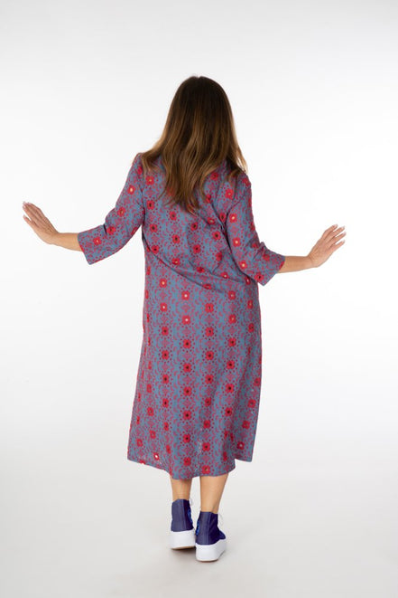Ischia Dress in Light Blue and Red Broderie Anglaise