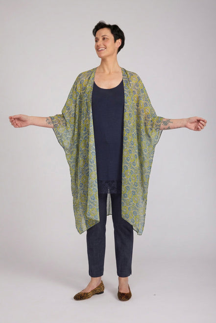 Look Kimono fantasia verde e blu