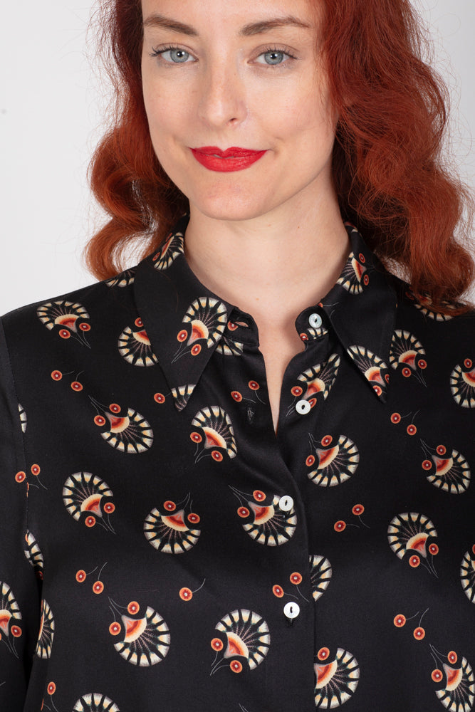 Camicia donna Milano over in satin di viscosa stampa nera