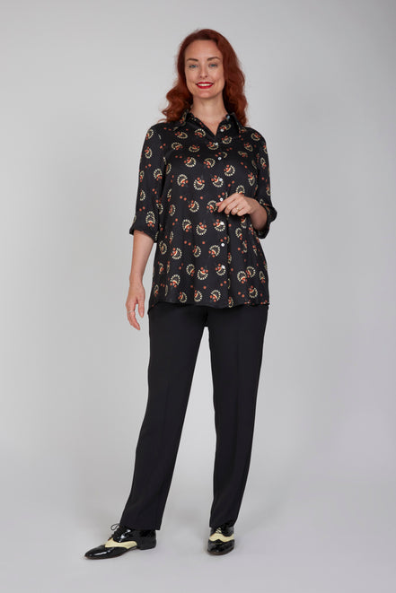 Camicia donna Milano over in satin di viscosa stampa nera