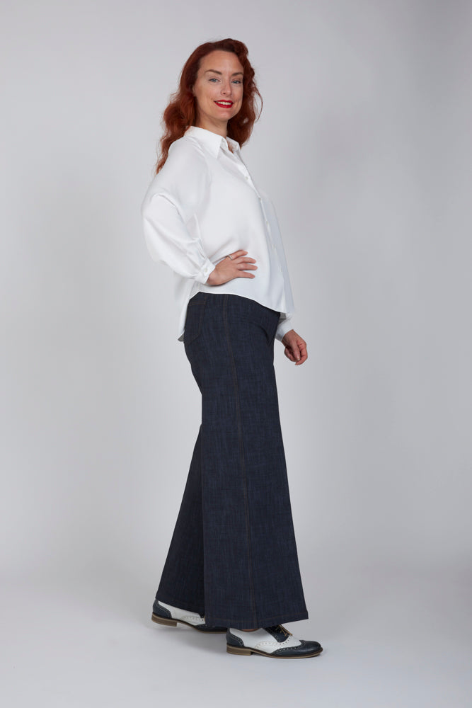 Jeans Wide Leg punto milano blu delavè con baschina