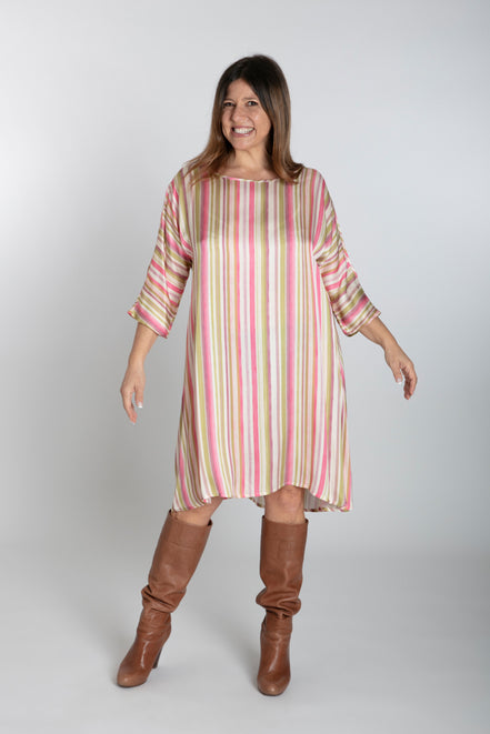 Torino Dress in Green and Pink Stripes