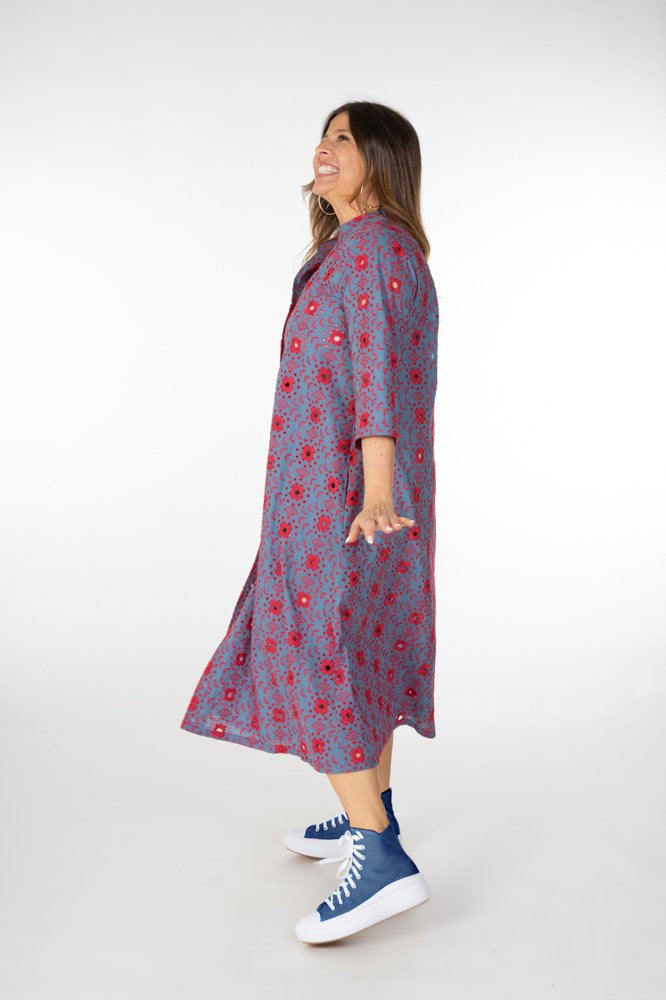 Ischia Dress in Light Blue and Red Broderie Anglaise