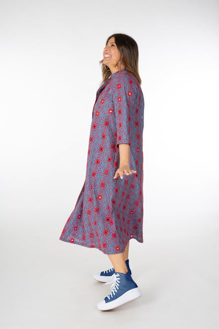 Ischia Dress in Light Blue and Red Broderie Anglaise