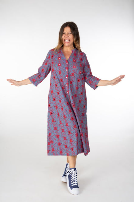 Ischia Dress in Light Blue and Red Broderie Anglaise