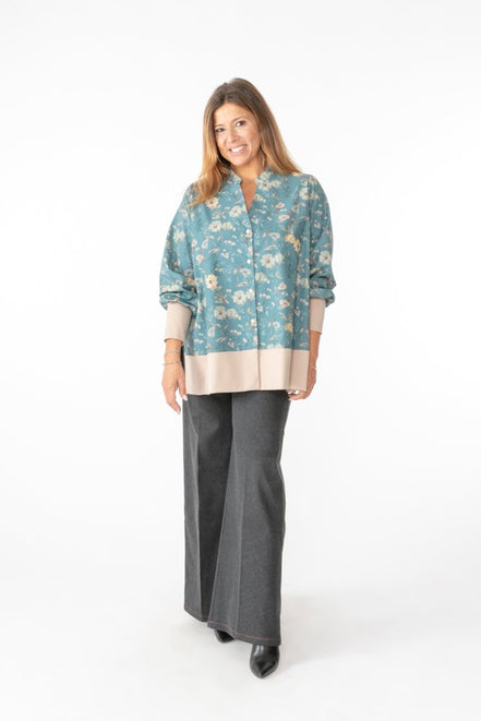 Camicia Paris fantasia fiori fondo azzurro