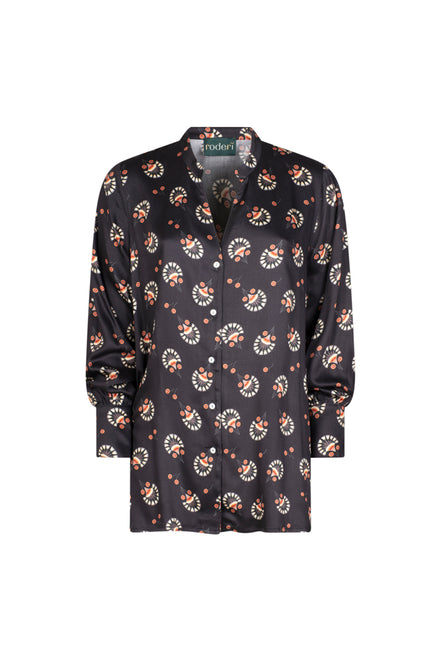 Camicia donna NY over stampa nera in satin di viscosa