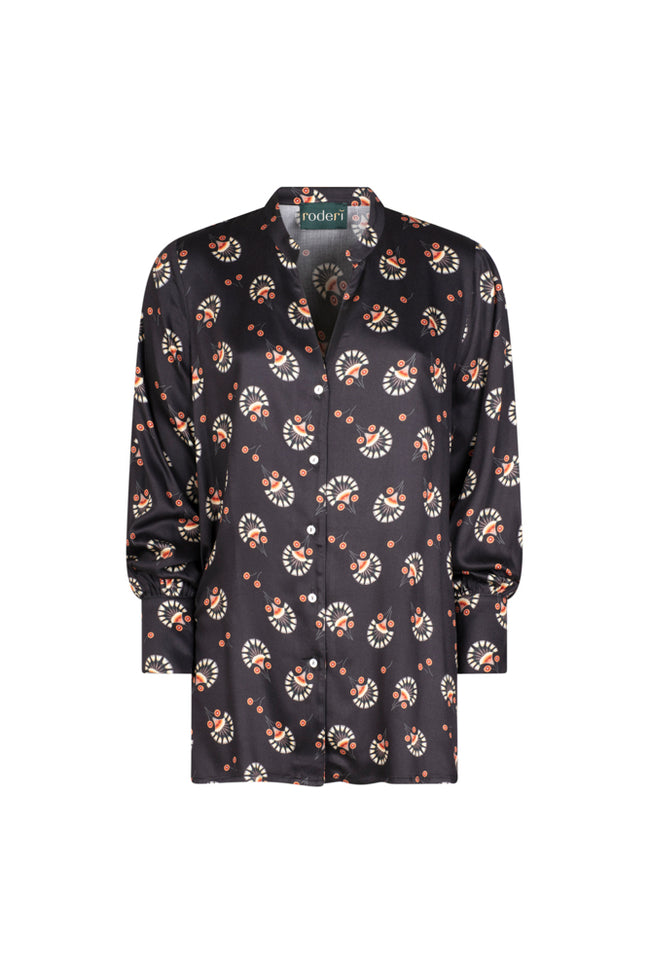 Camicia donna NY over stampa nera in satin di viscosa