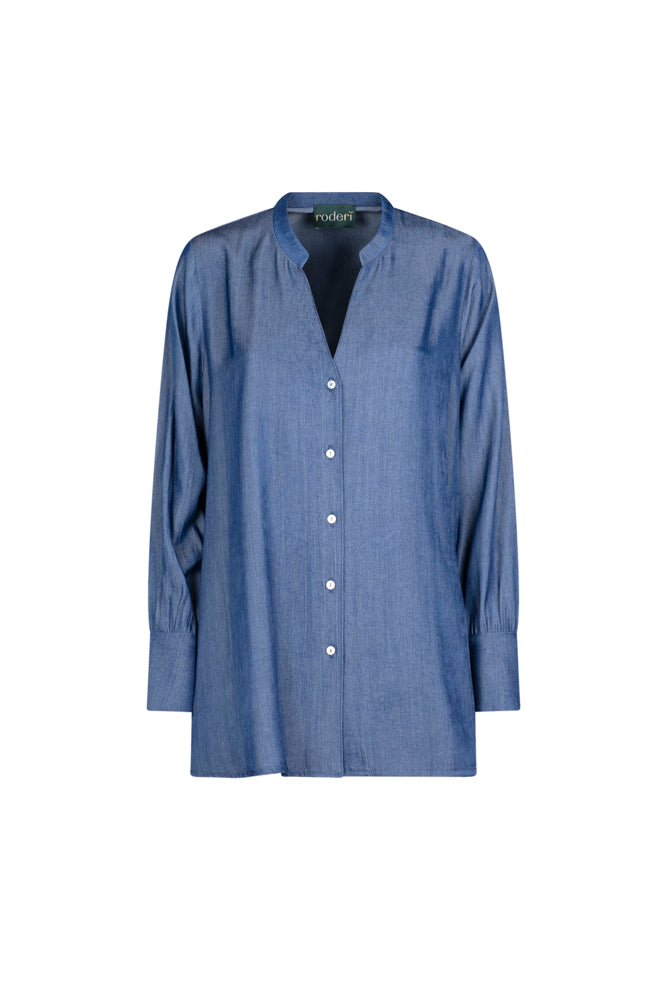 Camicia donna NY over in satin effetto jeans con scollo a V