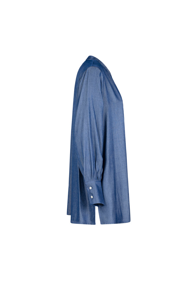 Camicia donna NY over in satin effetto jeans con scollo a V