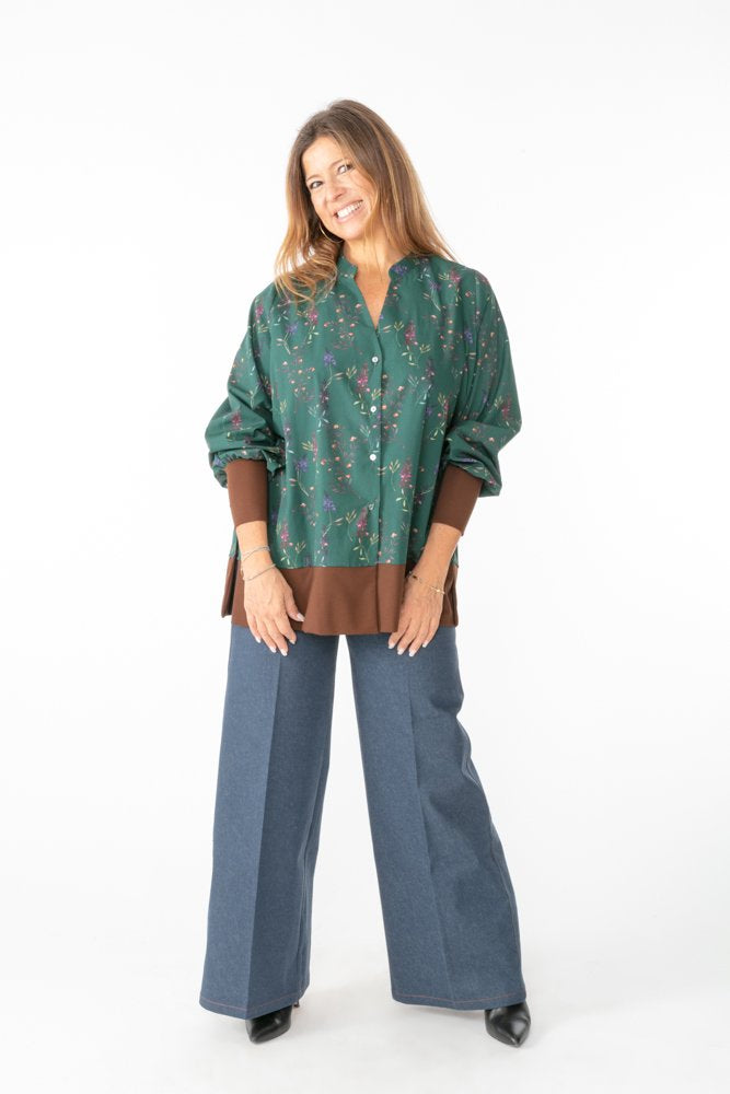 Camicia Paris fantasia fiori fondo verde