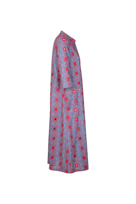 Ischia Dress in Light Blue and Red Broderie Anglaise