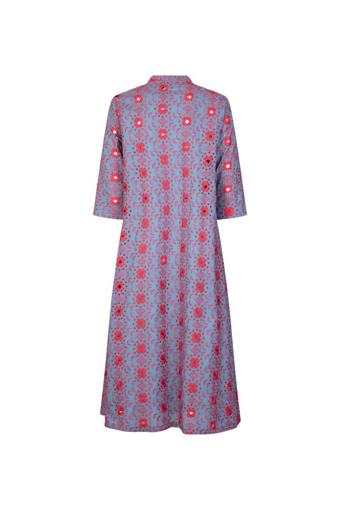 Ischia Dress in Light Blue and Red Broderie Anglaise
