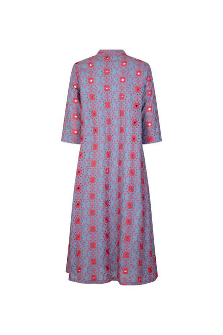 Ischia Dress in Light Blue and Red Broderie Anglaise