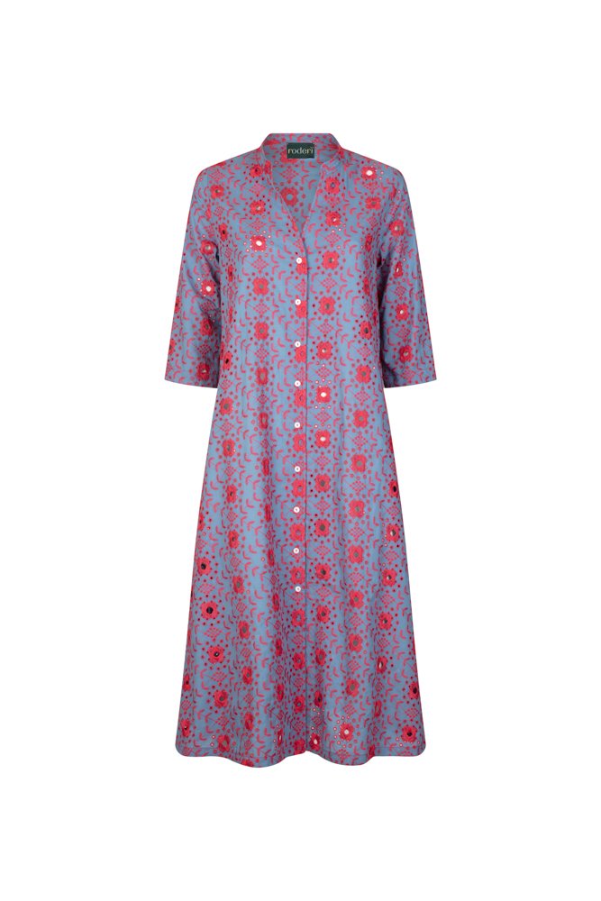 Ischia Dress in Light Blue and Red Broderie Anglaise