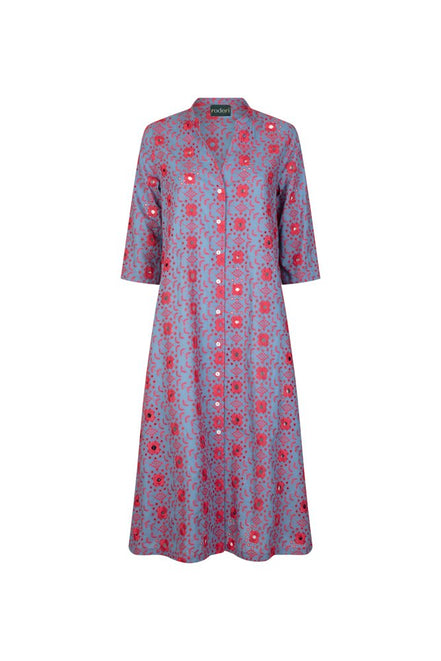 Ischia Dress in Light Blue and Red Broderie Anglaise