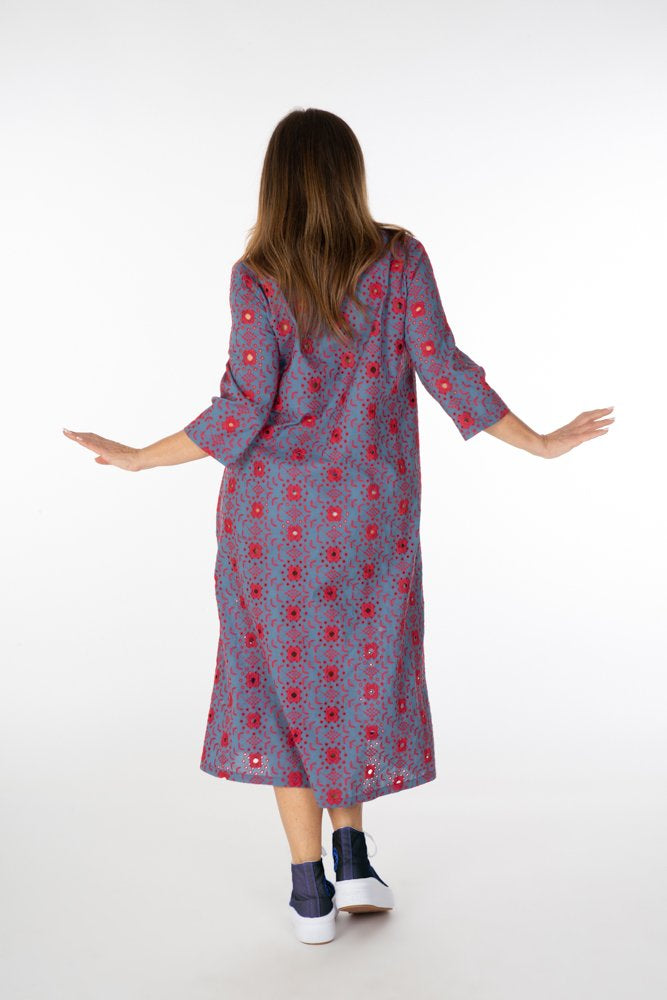 Ischia Dress in Light Blue and Red Broderie Anglaise