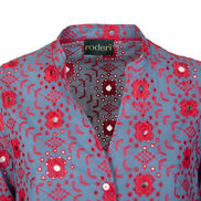 Ischia Dress in Light Blue and Red Broderie Anglaise