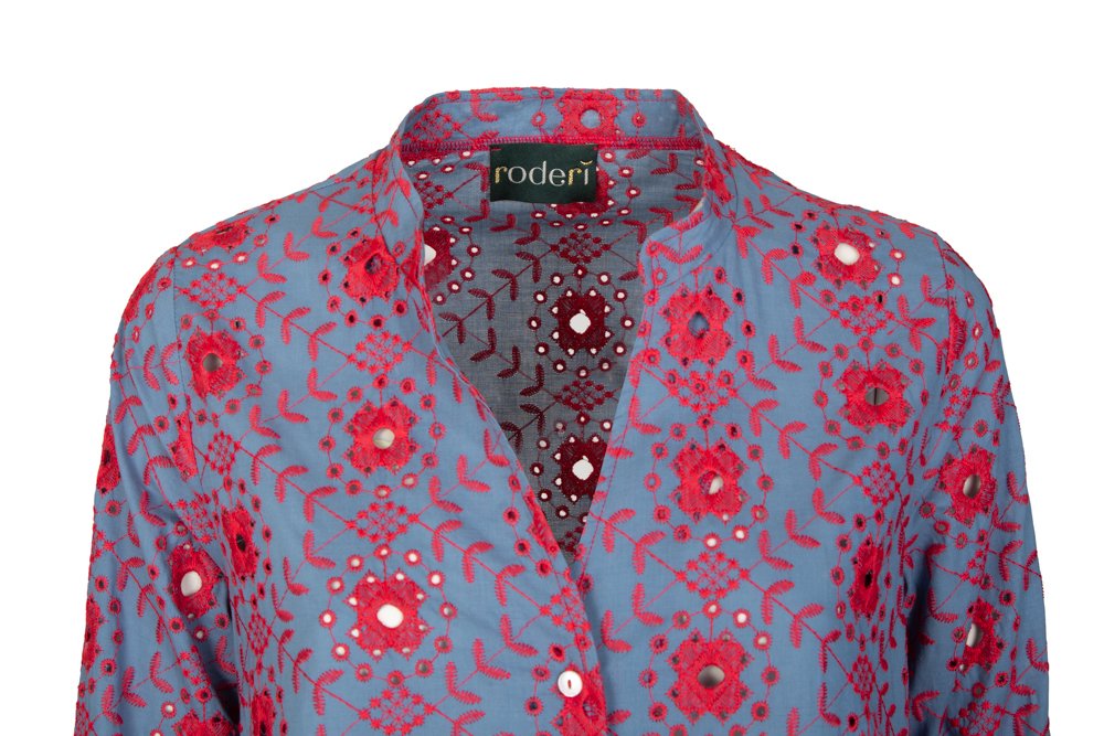 Ischia Dress in Light Blue and Red Broderie Anglaise