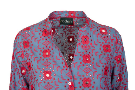 Ischia Dress in Light Blue and Red Broderie Anglaise