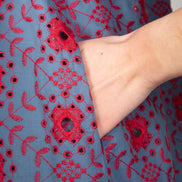 Ischia Dress in Light Blue and Red Broderie Anglaise