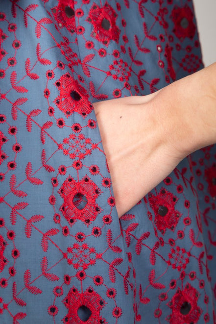 Ischia Dress in Light Blue and Red Broderie Anglaise