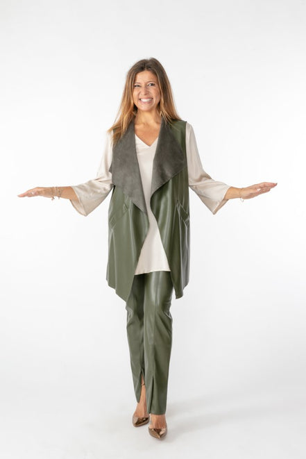 Barcelona Gilet in Army Green Faux Leather