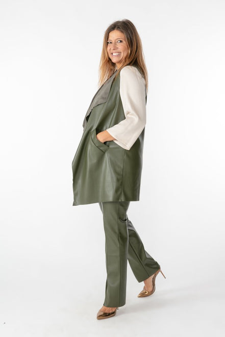 Barcelona Gilet in Army Green Faux Leather