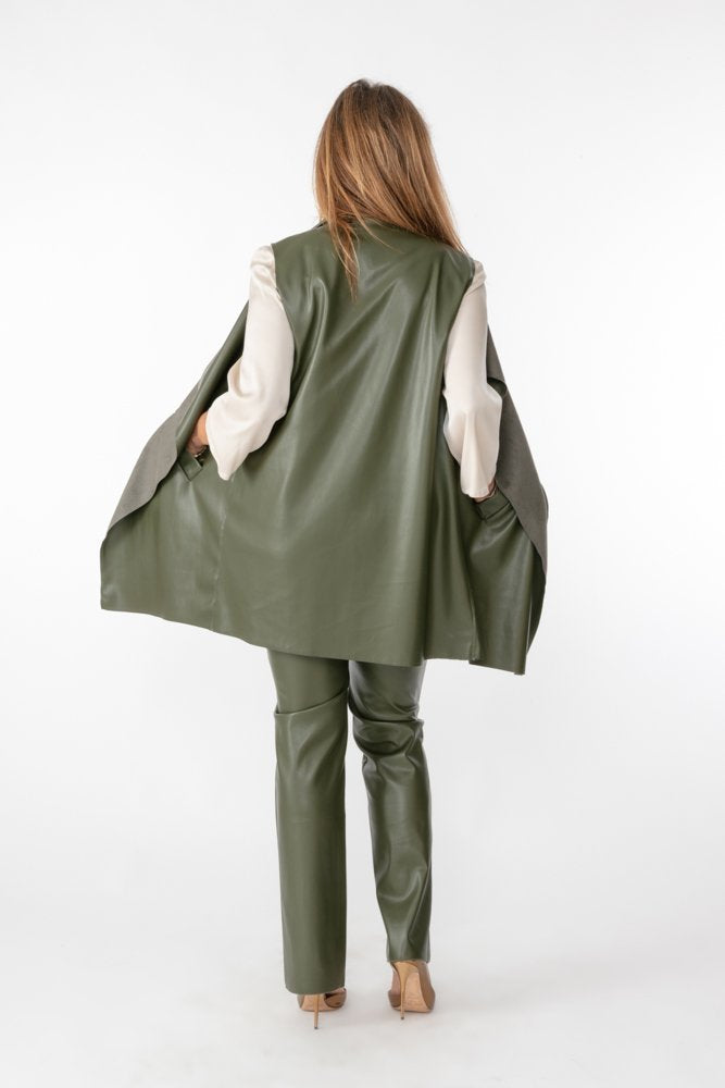 Barcelona Gilet in Army Green Faux Leather