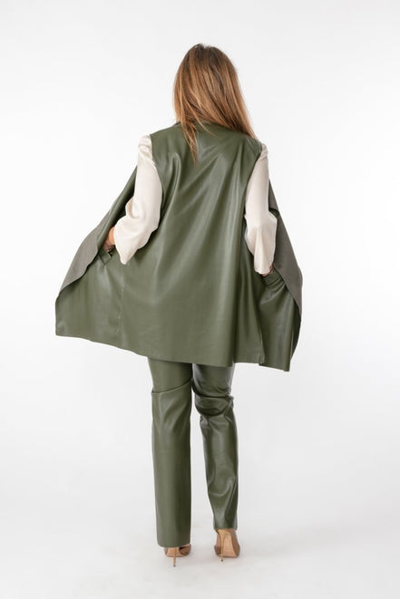 Barcelona Gilet in Army Green Faux Leather