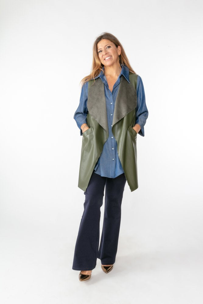 Barcelona Gilet in Army Green Faux Leather