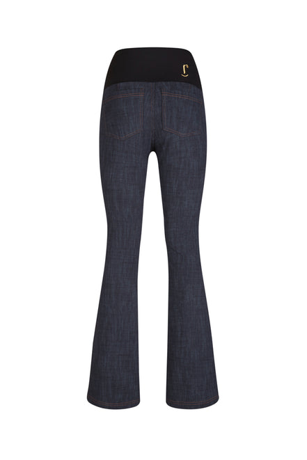 Jeans flare donna blu delavé con baschina in punto Milano stretch