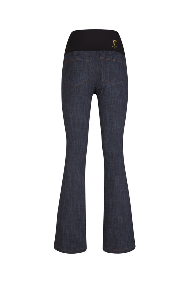 Jeans flare donna blu delavé con baschina in punto Milano stretch