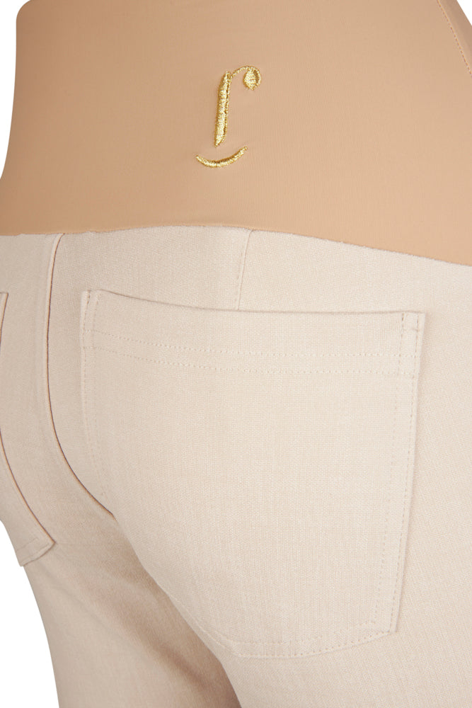 Jeans flare beige con baschina in punto Milano stretch