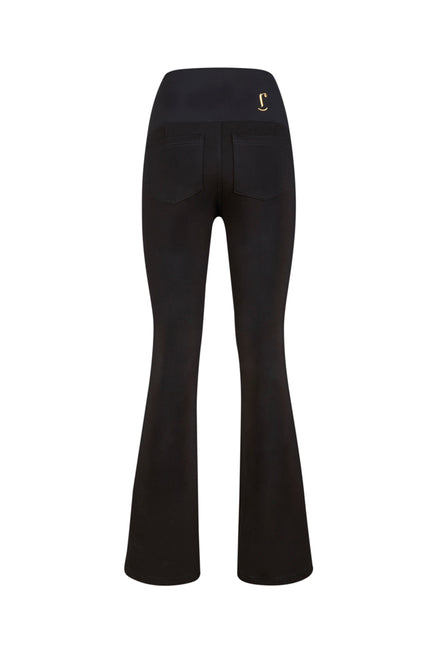 Jeans flare donna nero con baschina in punto Milano stretch