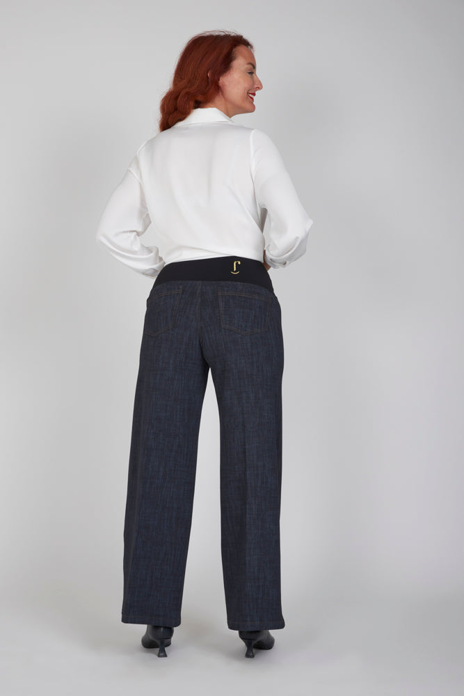 Jeans Wide Leg punto milano blu delavè con baschina