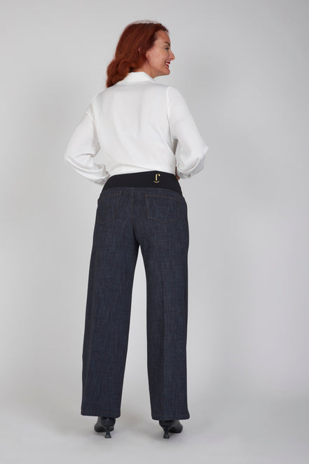 Jeans Wide Leg punto milano blu delavè con baschina