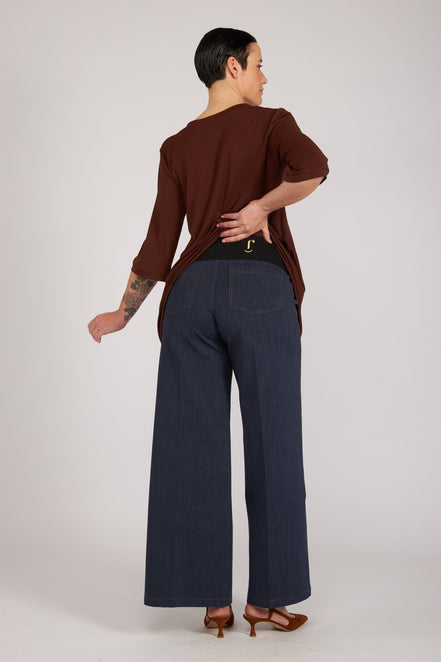 Jeans Wide Leg punto milano cotone blu delavè
