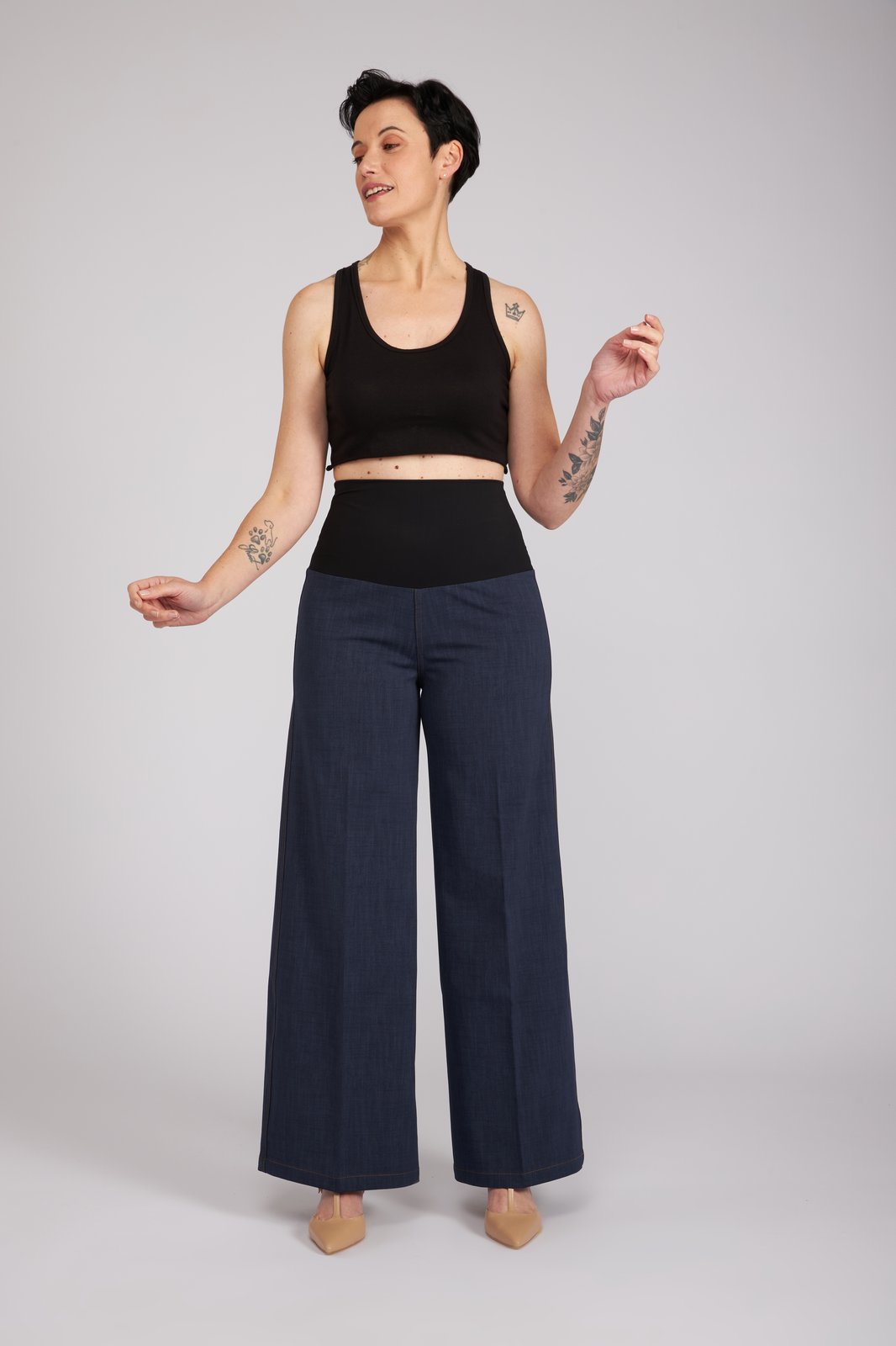 Jeans Wide Leg punto milano cotone blu delavè