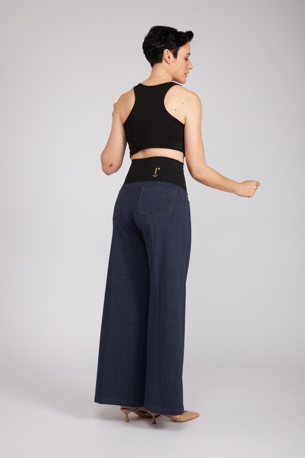 Jeans Wide Leg punto milano cotone blu delavè