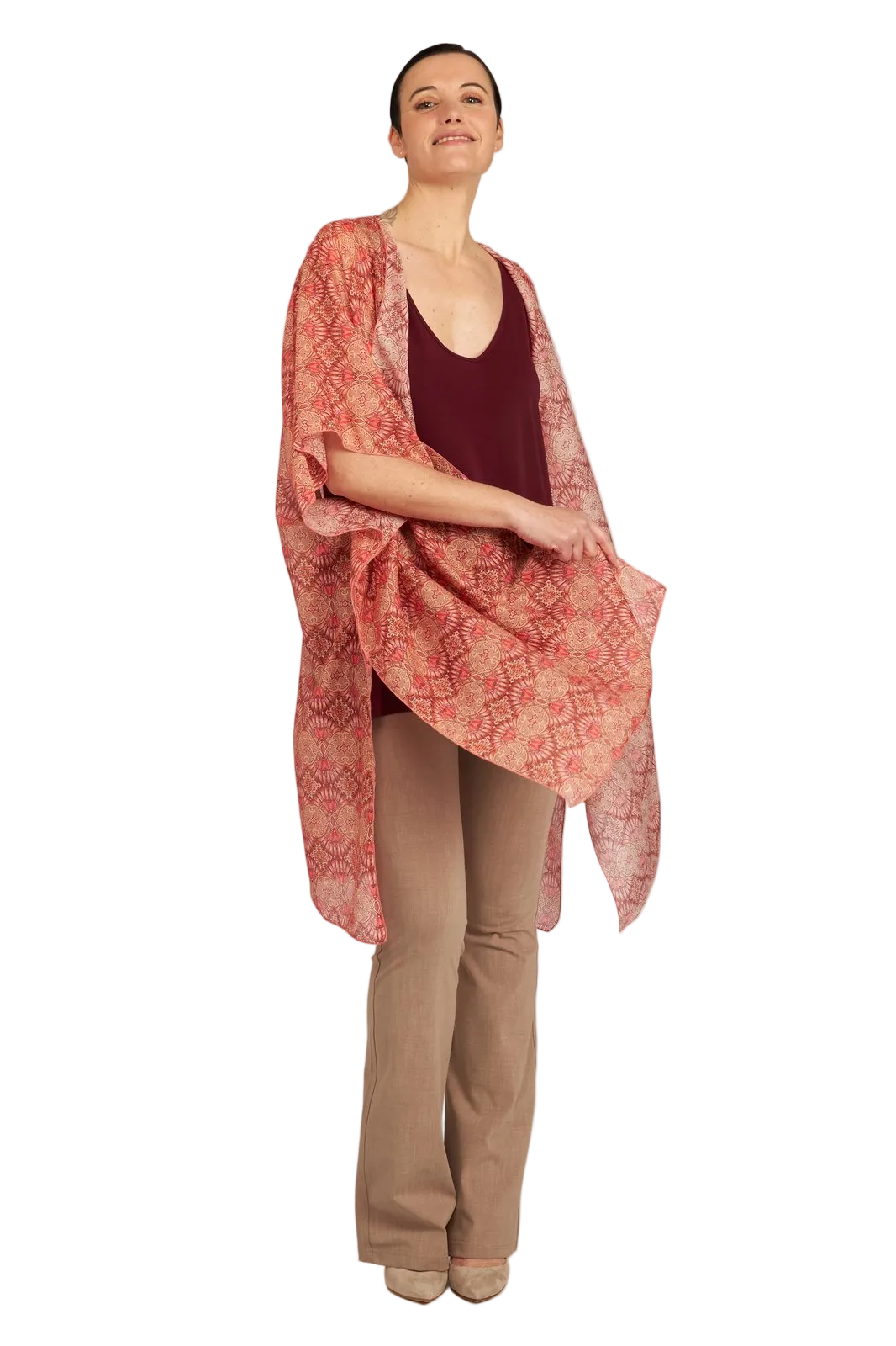 Look Kimono fantasia rosa e arancio