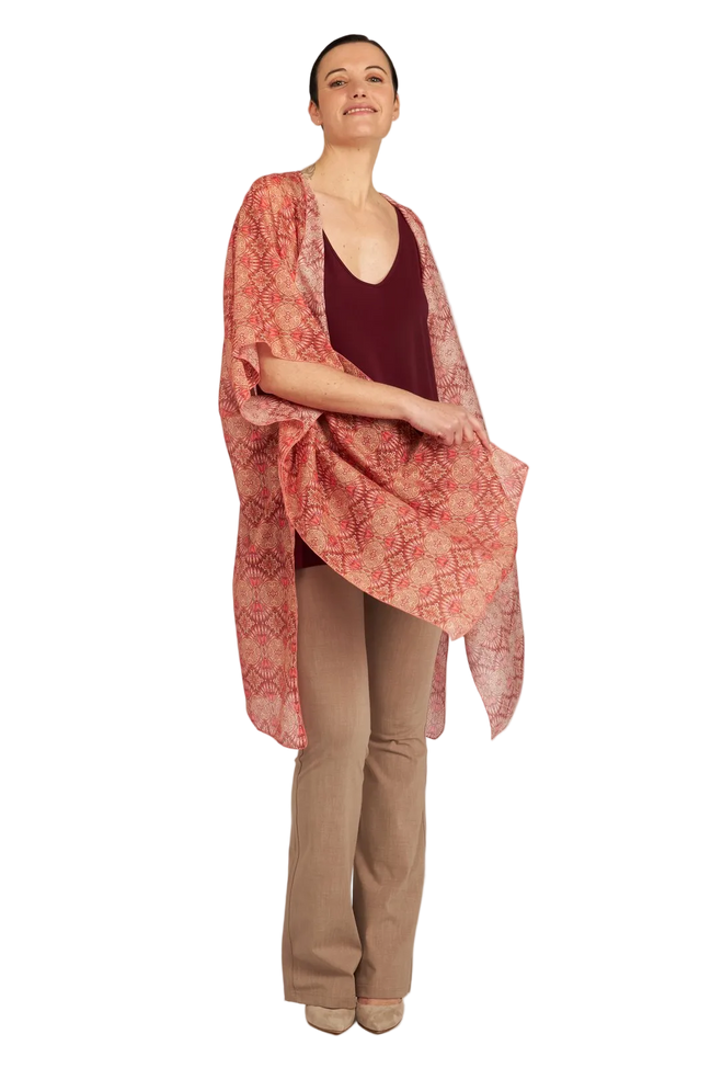Look Kimono fantasia rosa e arancio