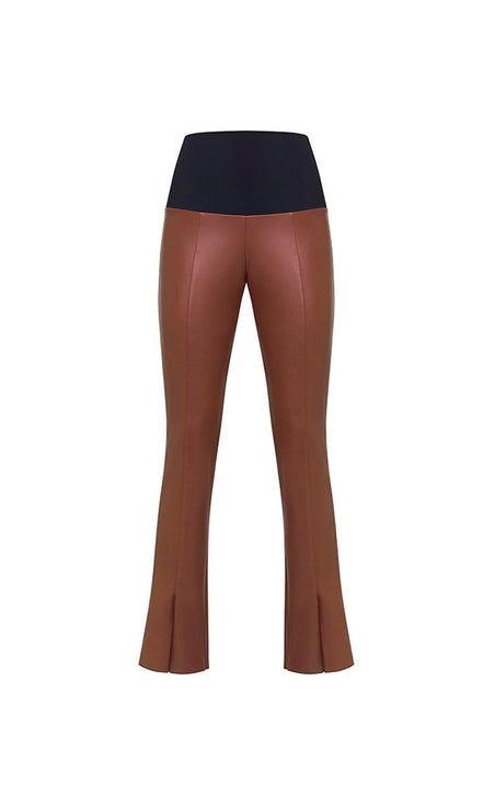 Panta Ny donna in ecopelle color cuoio con spacchi frontali