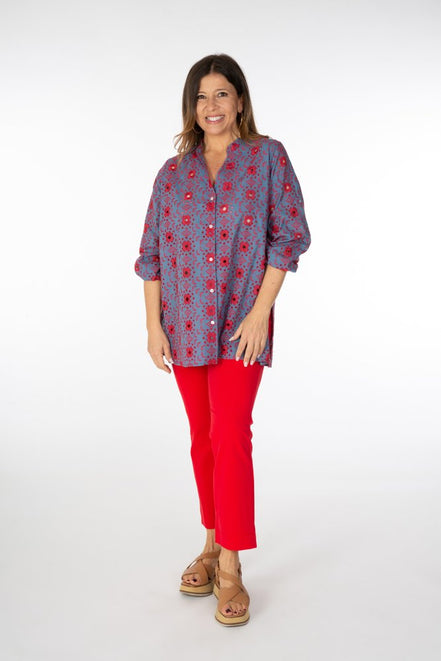 Audrey Trousers in Red Cotton with Baschina Waistband